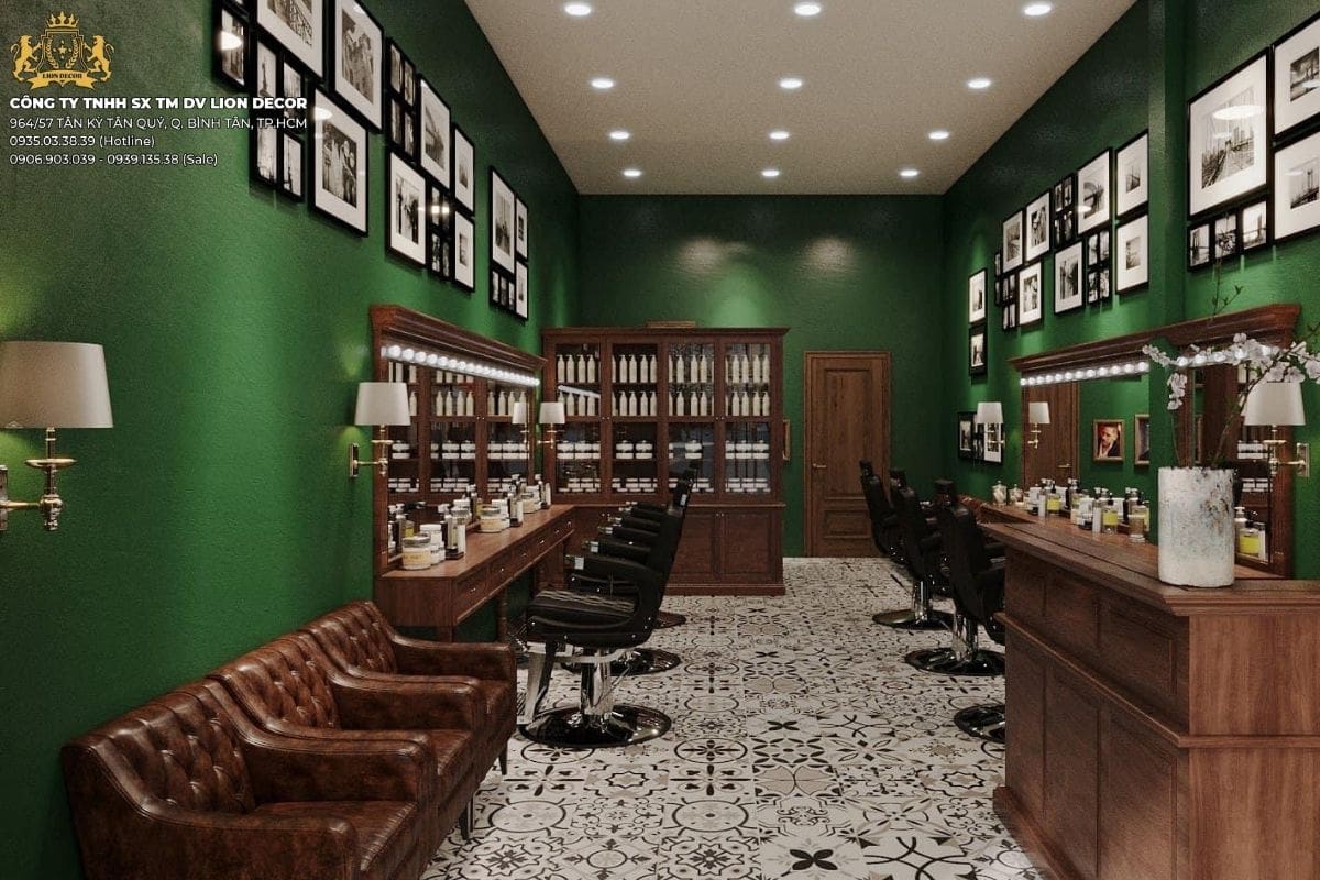Ghế barber và sofa barber shop đồng bộ phong cách thiết kế
