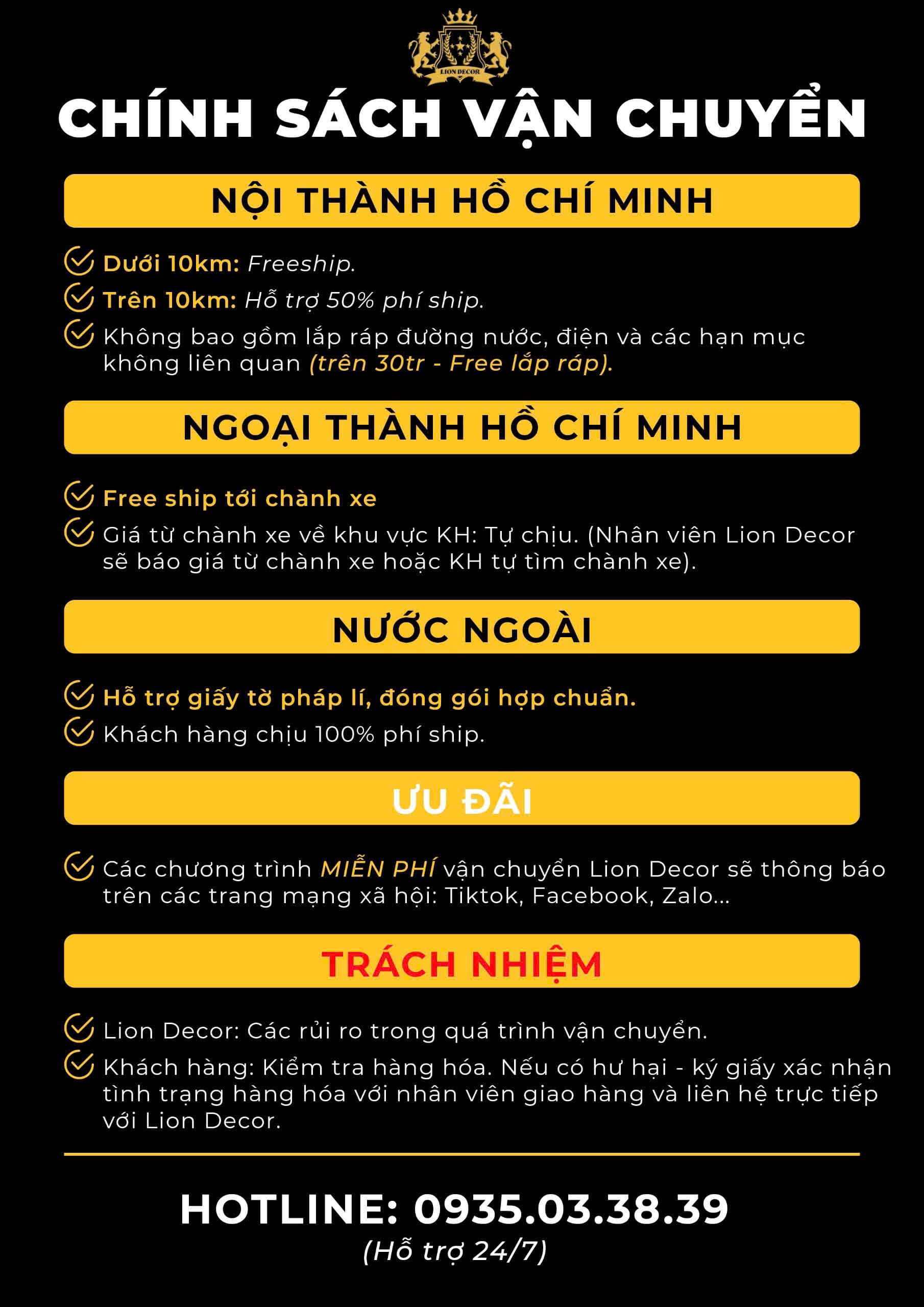 Chính sách vận chuyển Lion Decor - Giao hàng nội thành, ngoại thành, quốc tế, freeship, hỗ trợ phí ship